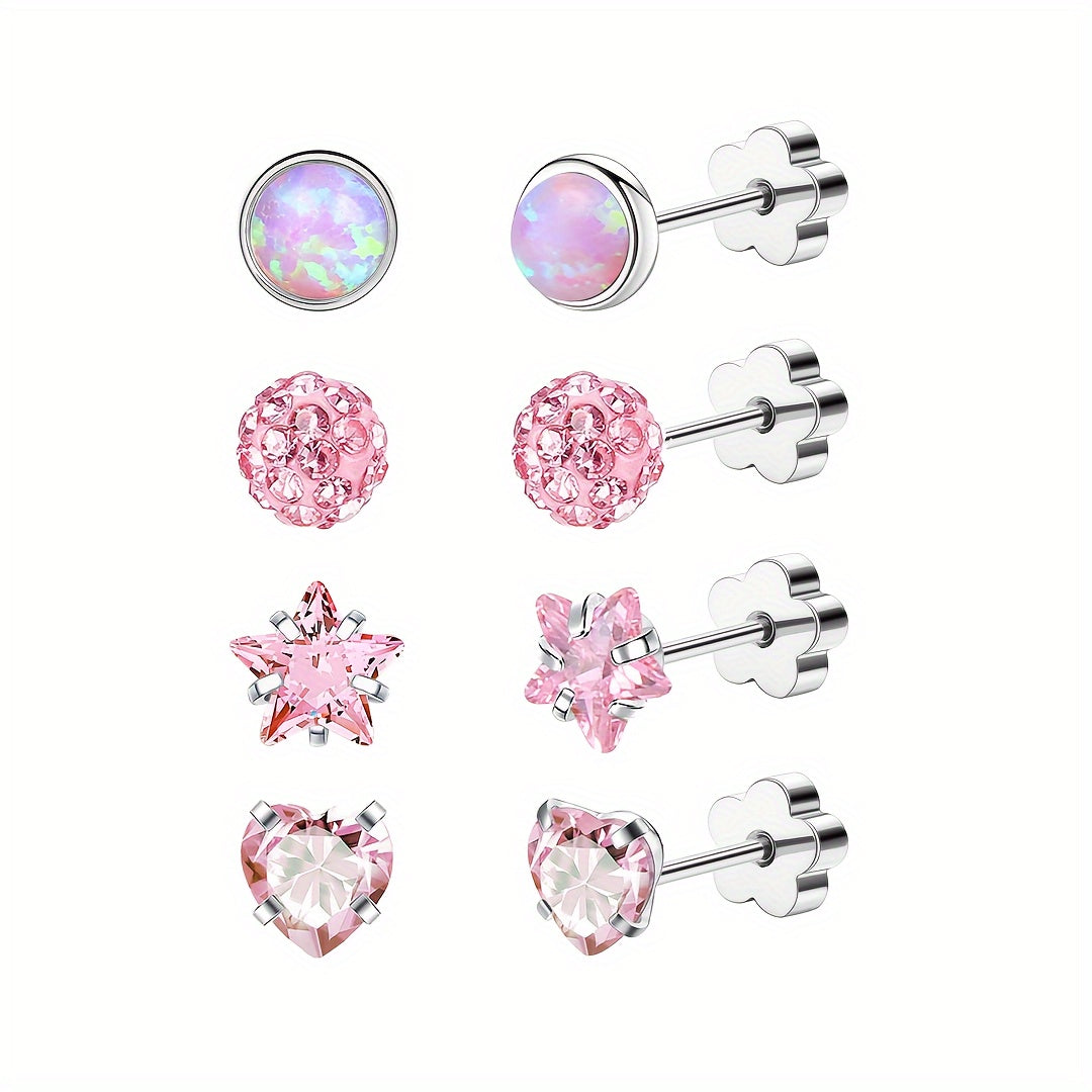 Hypoallergenic Flat Back Earrings for Women Men Girls Star Heart Protein Stone Silver Pink AB
