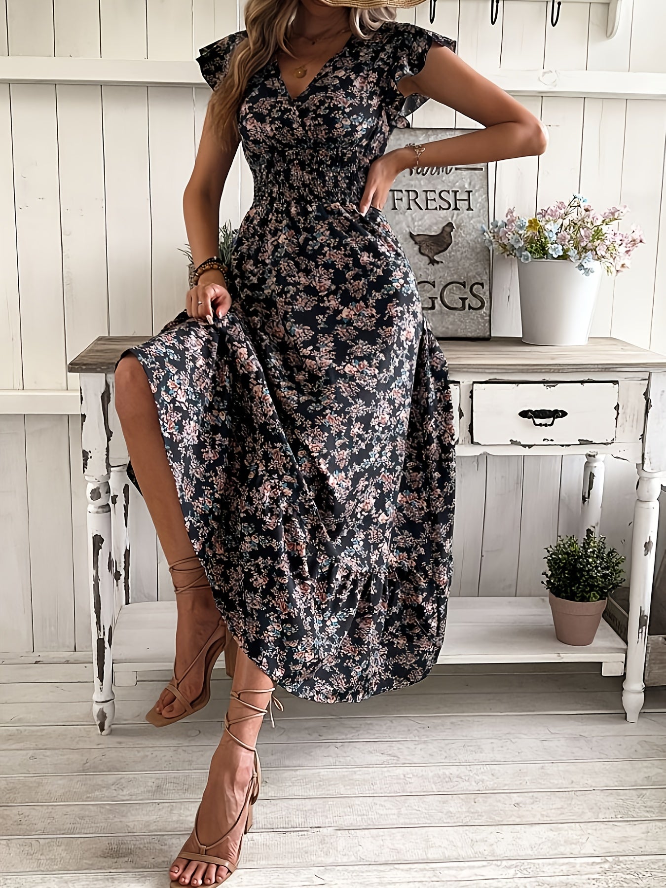 Women's Floral Print Shirred Waist Dress with Ruffle Sleeves for Spring and Summer Vacation
