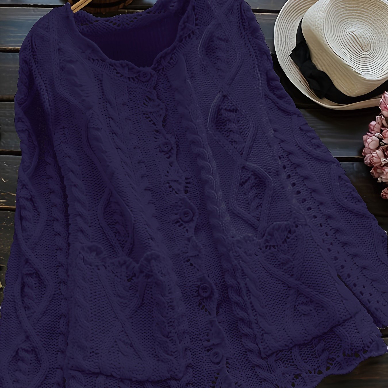 Women's Light Blue Casual Knit Cardigan with Lace Detailing and Round Neck