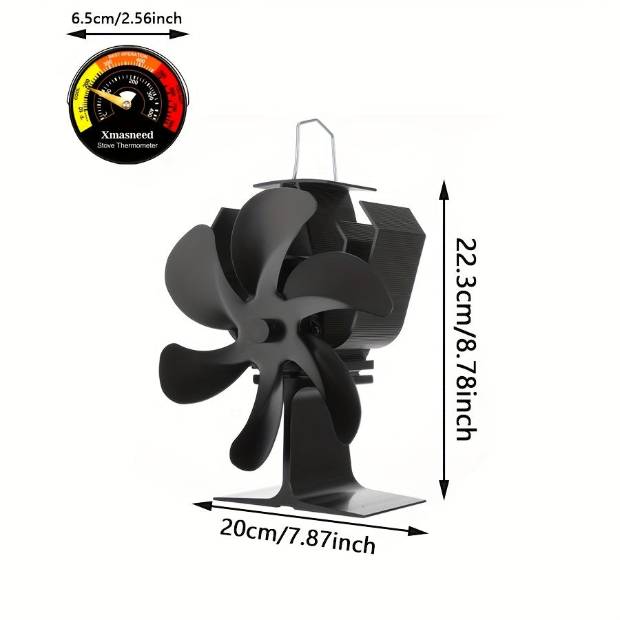 Aluminum Wood Stove Fan with Magnetic Thermometer for Camping and Indoor Use