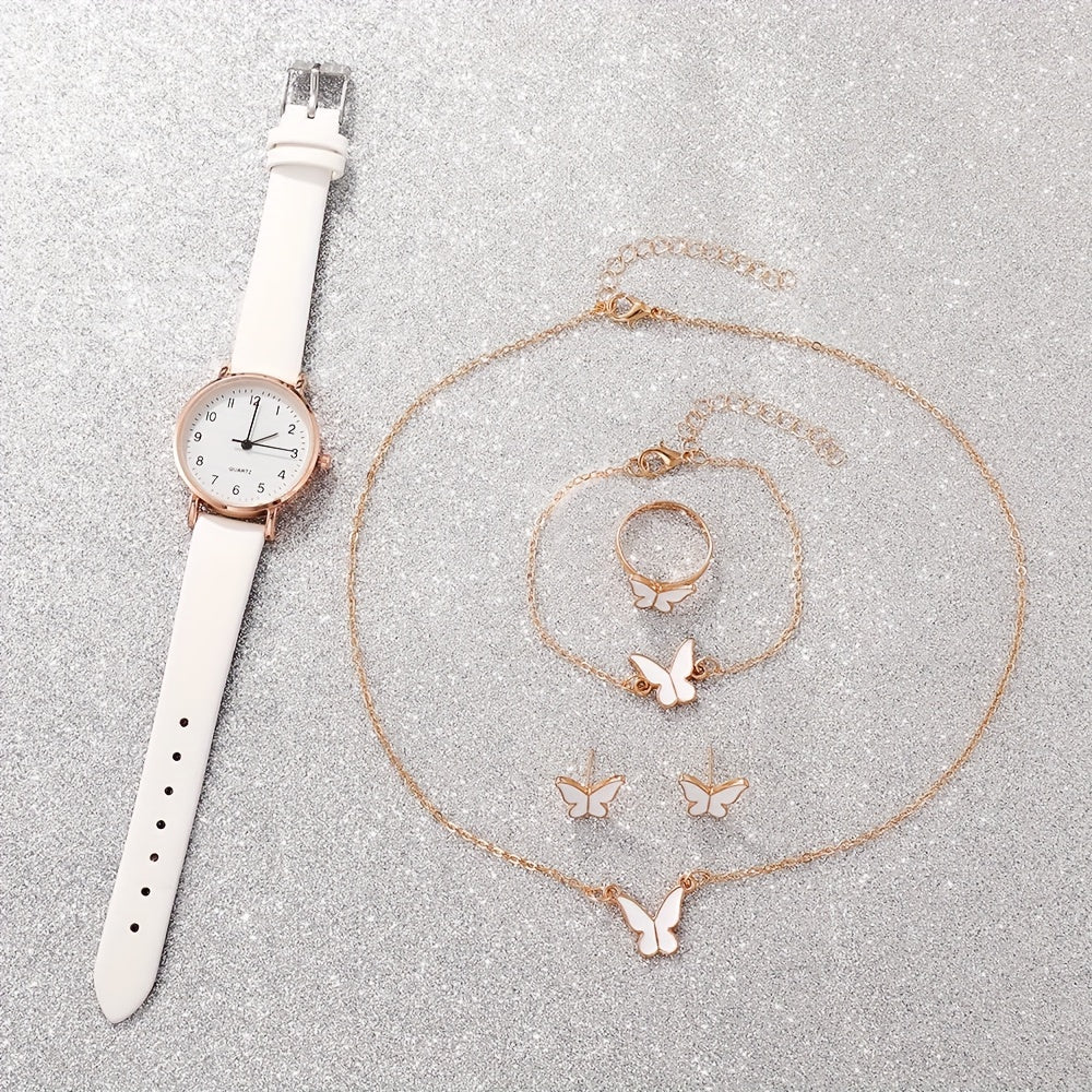 Women’s 6-Piece Quartz Watch and Jewelry Set with Leather Strap and Alloy Case