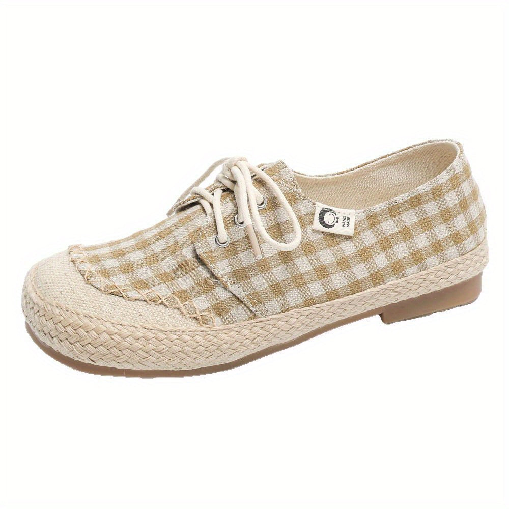 Women's Handmade Linen Style Flats Casual Checkered Lace-Up Shoes