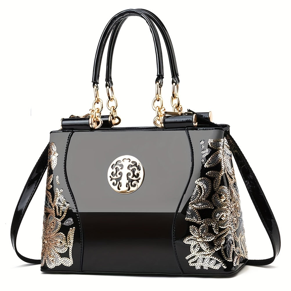Sequined Flower Pattern Tote Bag for Women Zipper Adjustable Strap Festival Handbag
