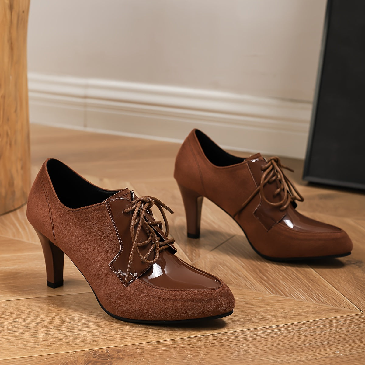 Women Faux Leather Lace-Up High Heels Pointed Toe Chunky Heel