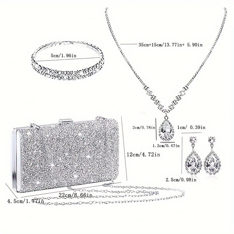 Rhinestone Embellished Evening Clutch Bag Set with Chain Shoulder and Jewelry Accessories