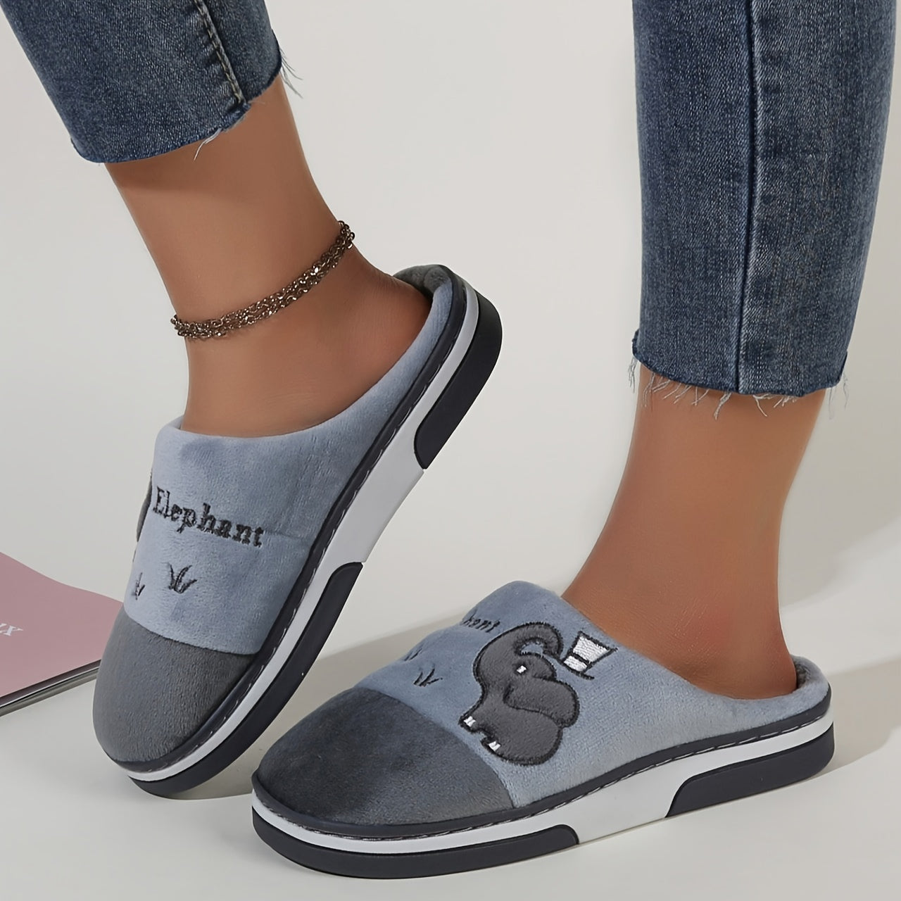 Women's Plush Slip-On Slippers with Elephant Cartoon Soft Fabric Grey Pink