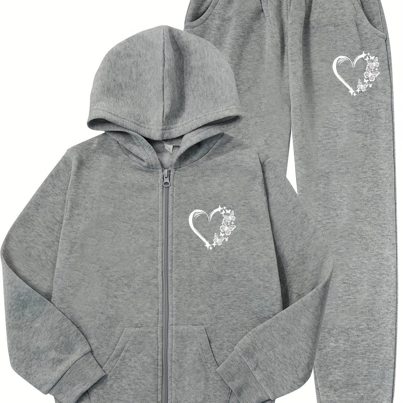 Girls' Girls' Casual Butterfly Heart Print Hooded Tracksuit Set Polyester Knit Long Sleeve Spring Fall