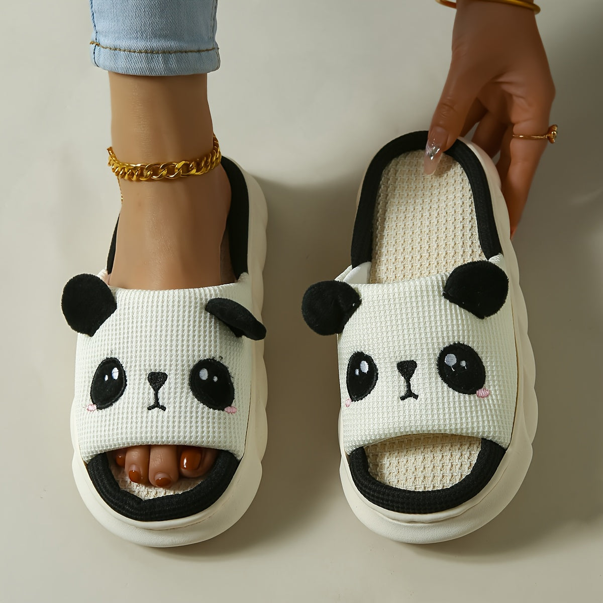 Women's Soft Linen Panda Slippers Non-Slip Cozy Home Shoes