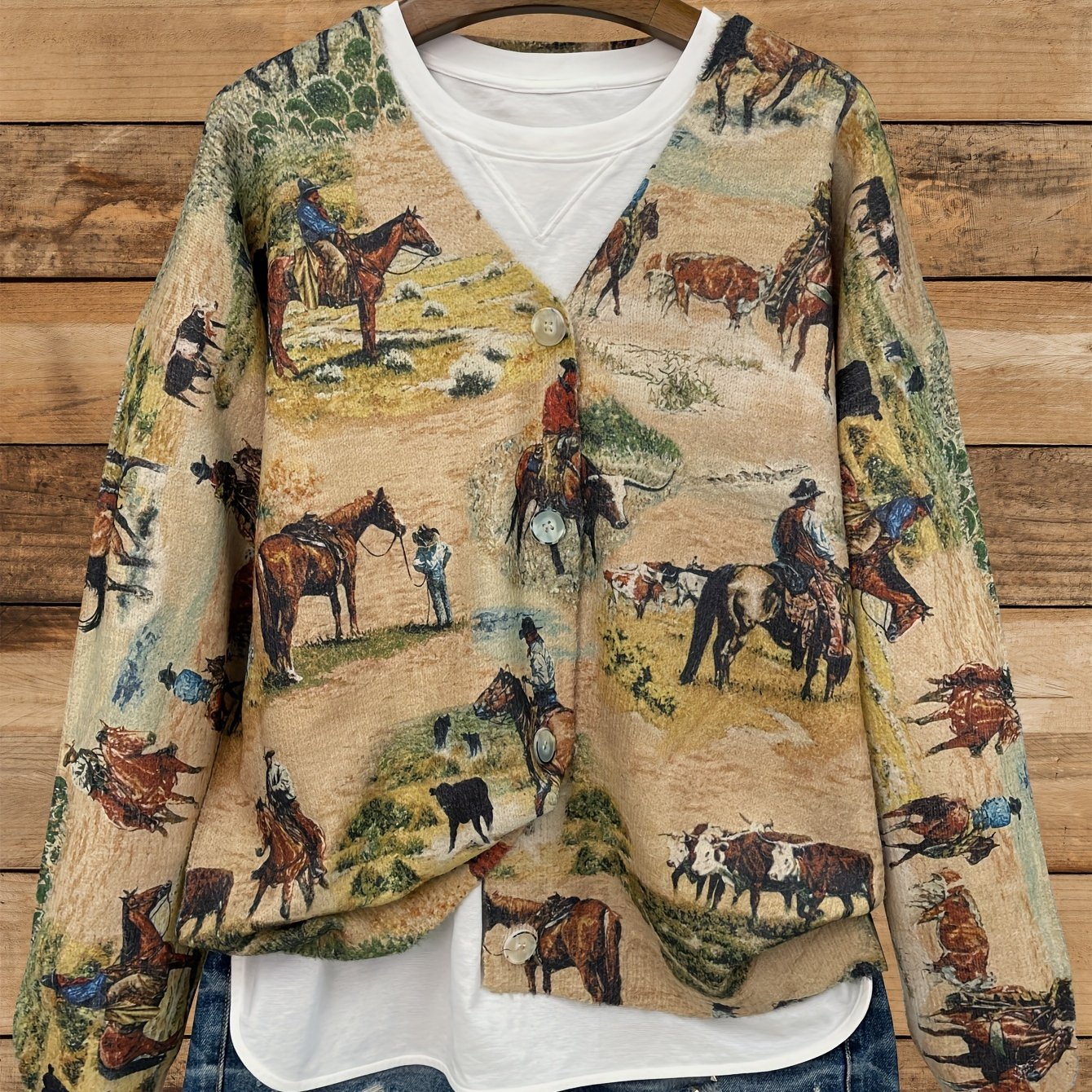 Women's Oversized Knit Cardigan with Horse Riding Print V-Neck Long Sleeve