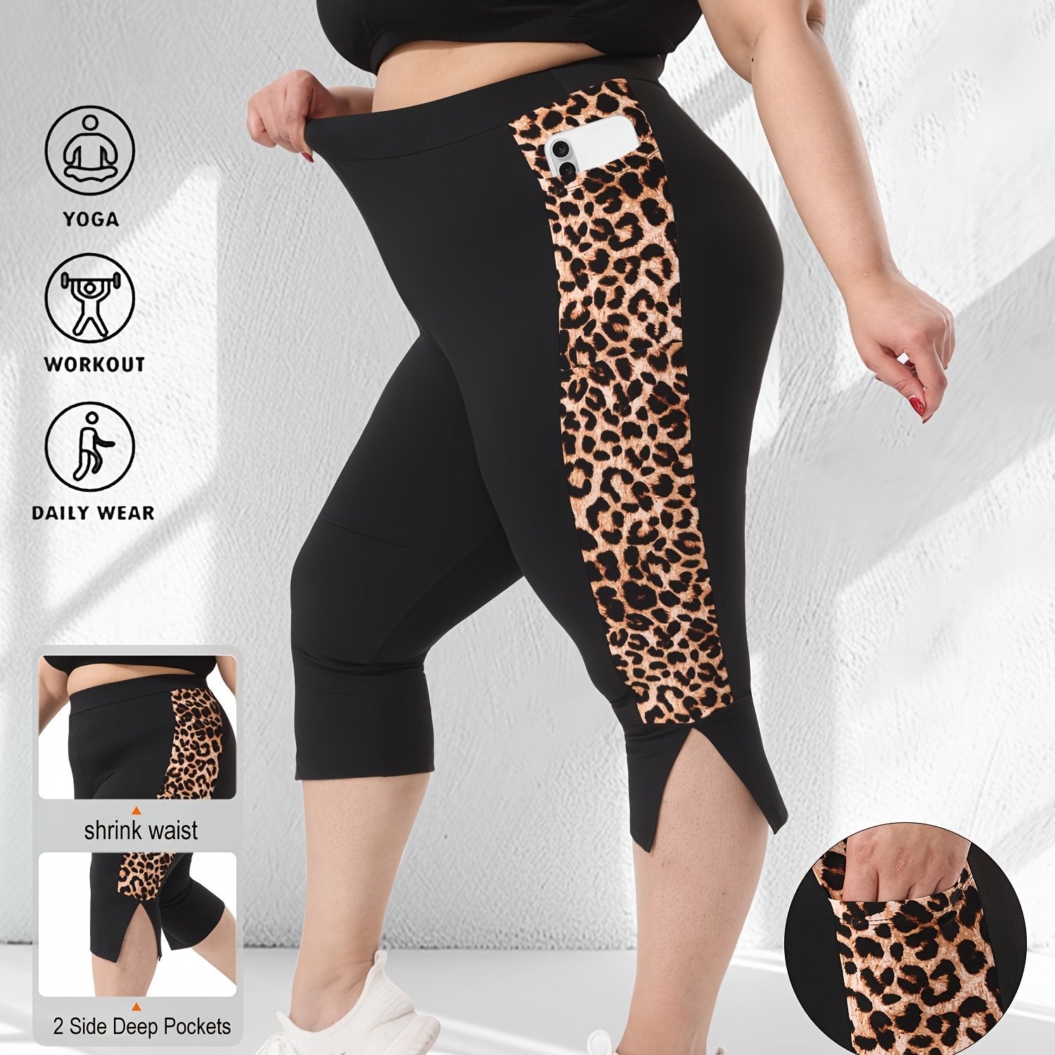 Women's Leopard Print High-Waist Capri Leggings with Pockets, Plus Size