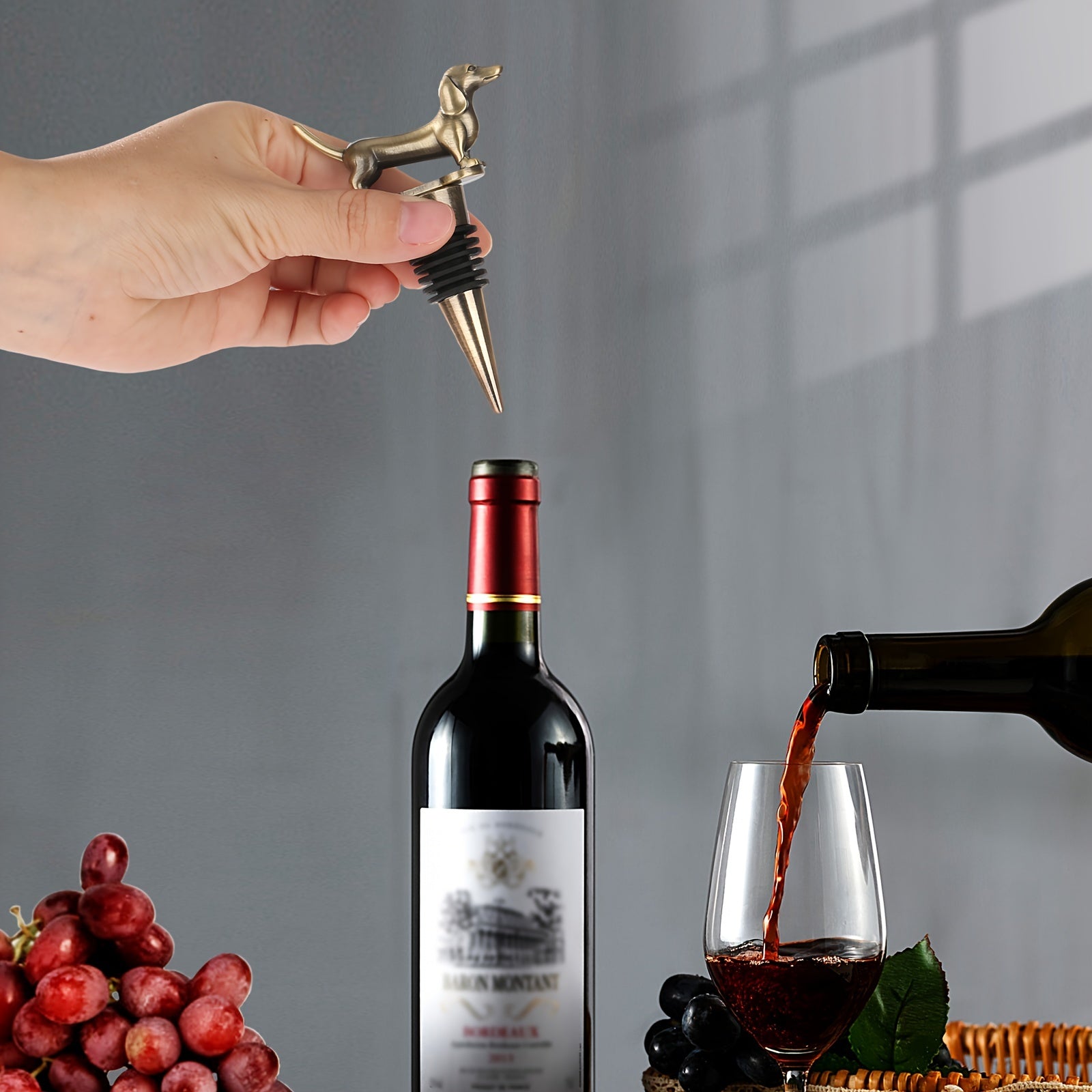 Tapón para botella de vino y champán en forma de perro salchicha para conservación en bar