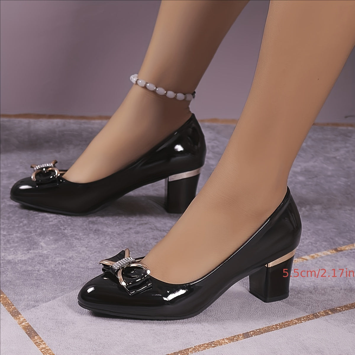 Women's Black Patent Mary Jane Heels with Sparkling Bow and Chunky Heel