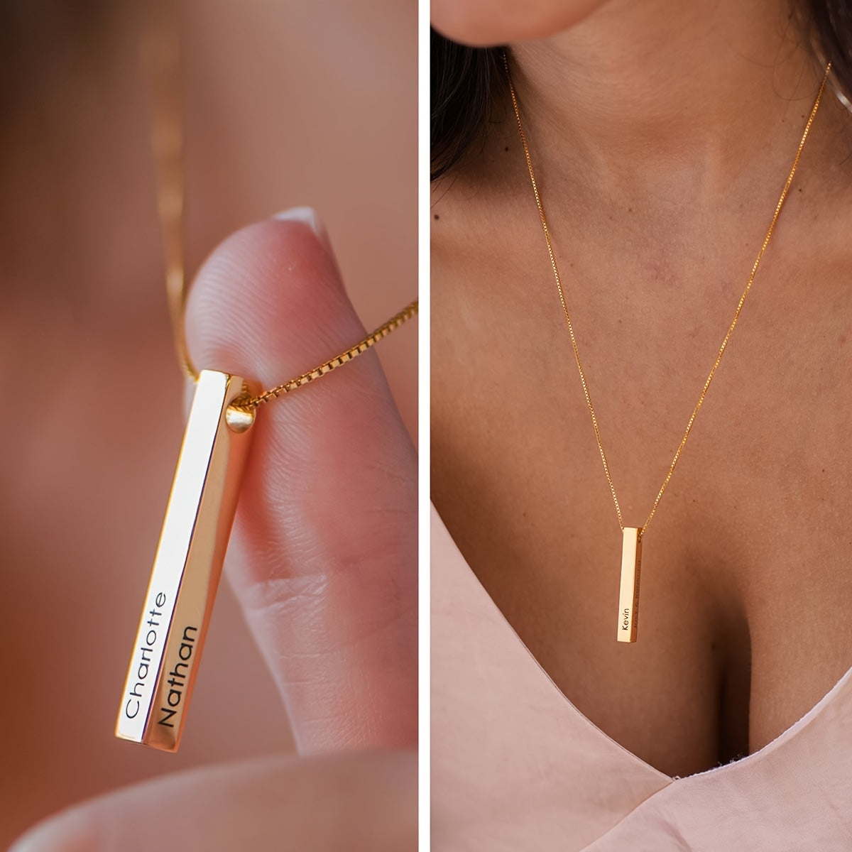 Personalized 3D Vertical Bar Pendant Necklace 18K Gold Plated Stainless Steel Engraved Name Boho Chic for Women