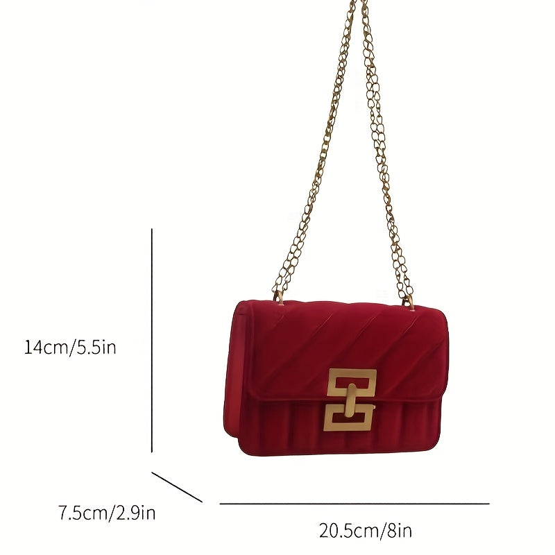 Элегантная стеганая бархатная сумка на плечо для женщин с цепочным ремешком и замком с поворотом. Модный аксессуар с текстурированным дизайном однотонного цвета и подкладкой из полиэстера.