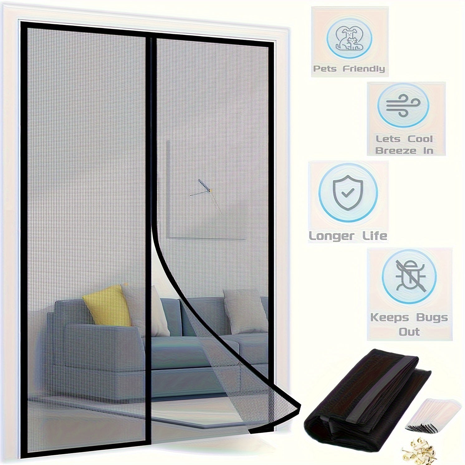 Black Magnetic Screen Door 80cm x 208cm Self-Sealing Heavy Duty Bug Mesh