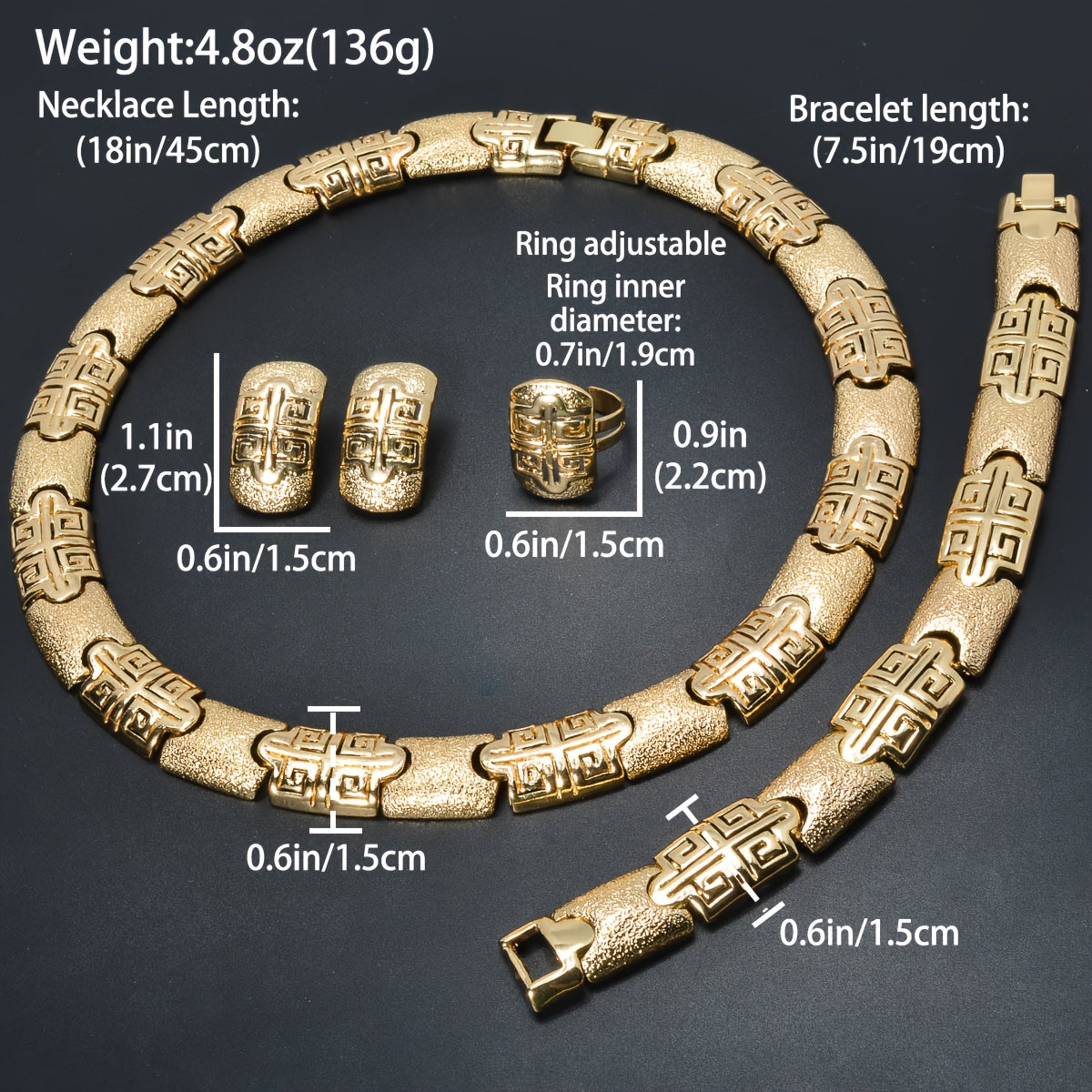 Ayollar uchun go'zal vintage uslubidagi zargarlik to'plami - Geometrik muzlatilgan bambuk va omadli naqshlar bilan bezatilgan, mis marjon, bilaguzuk, sirg'a va uzukni o'z ichiga oladi - To'y va maxsus tadbirlar uchun ideal