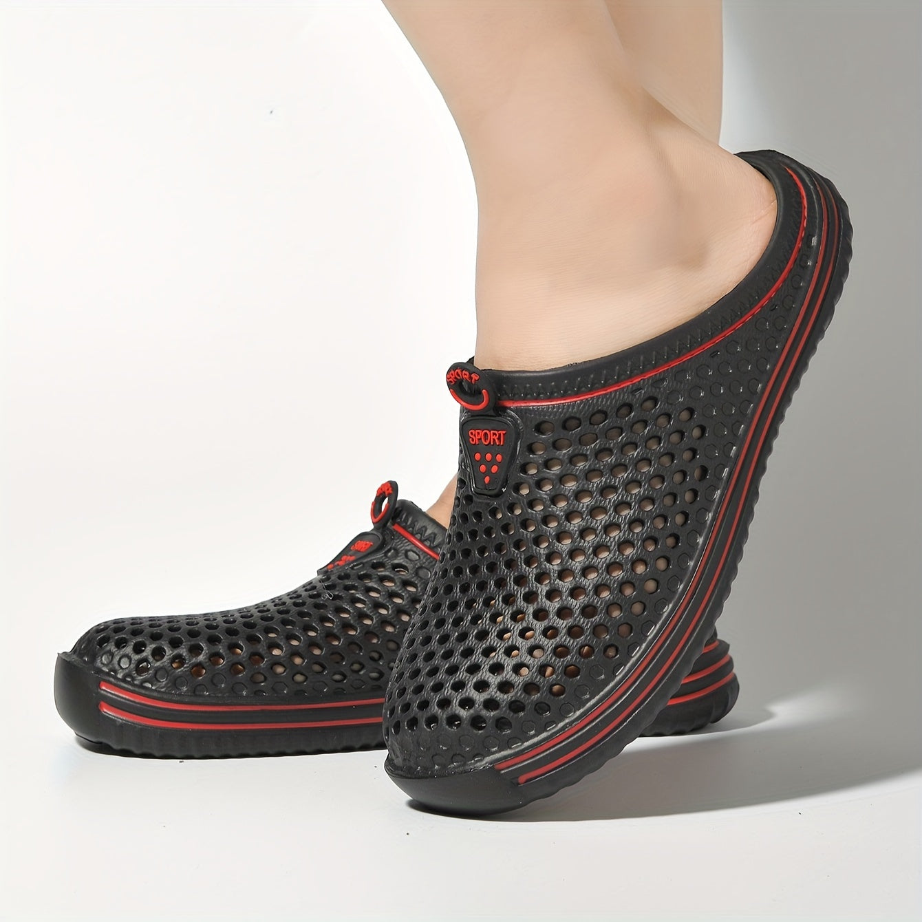 Women's Black and Red EVA Clogs: Breathable Garden Shoes with Adjustable Strap