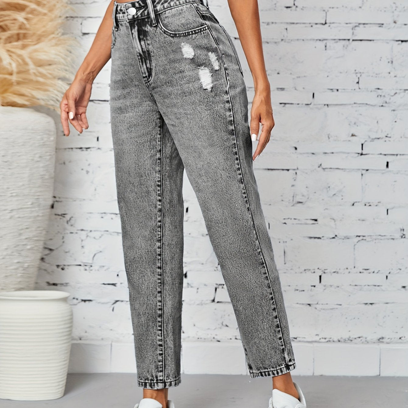 Women's Ripped High-Waisted Denim Jeans Grey Black Stretch Straight Leg Casual
