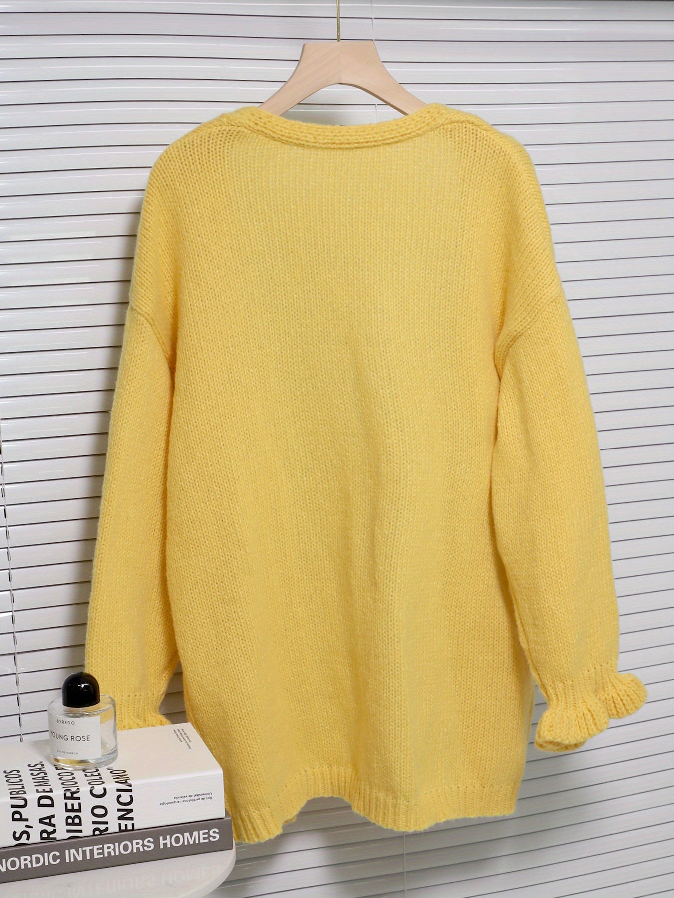 Plus Size V-Neck Cardigan Bright Yellow Loose Fit Fall Winter Casual