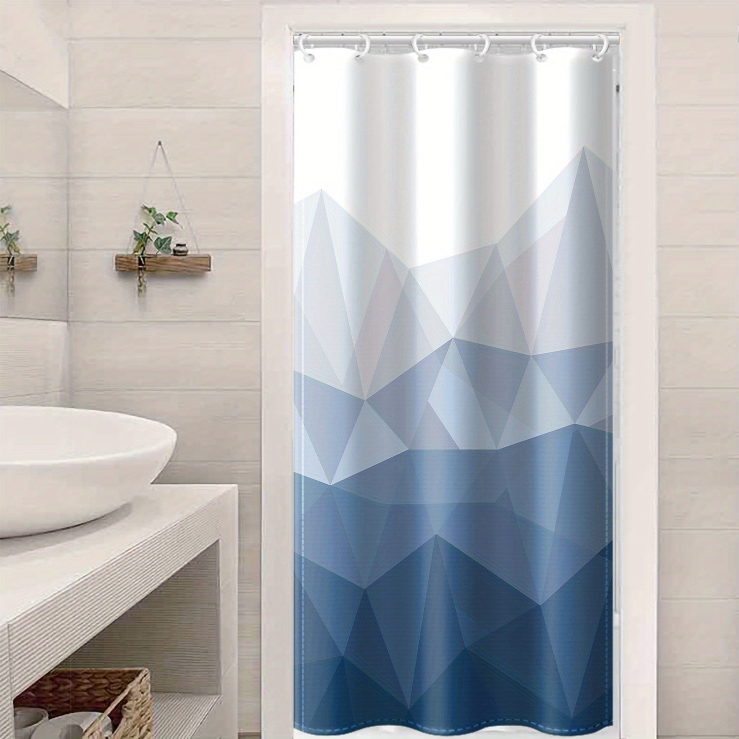 Blue Gradient Geometric Pattern Shower Curtain Waterproof Polyester with 12 Hooks for Bathroom or Hotel