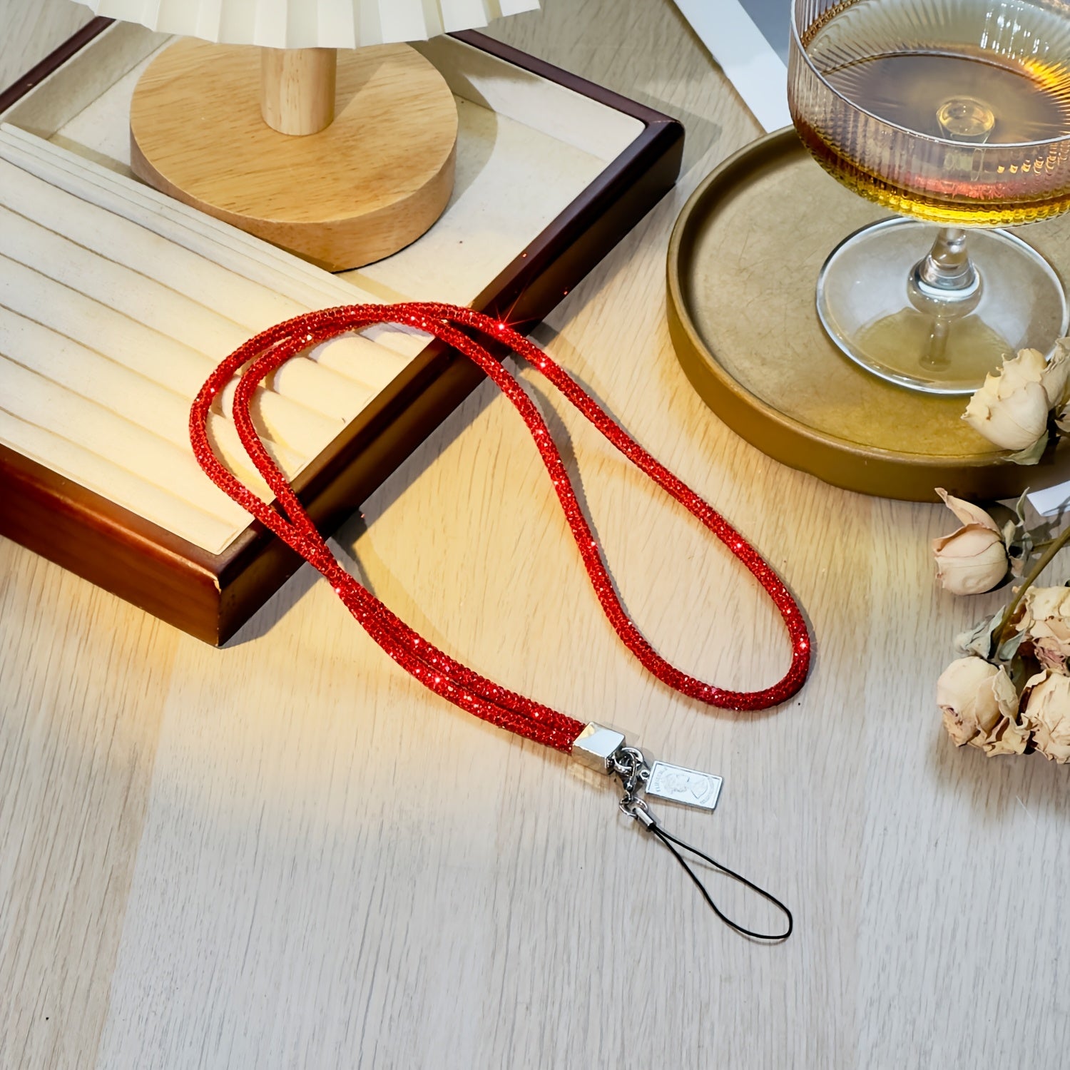 Chic Crystal Necklace Phone Holder for Women with Keychain Black Lanyard