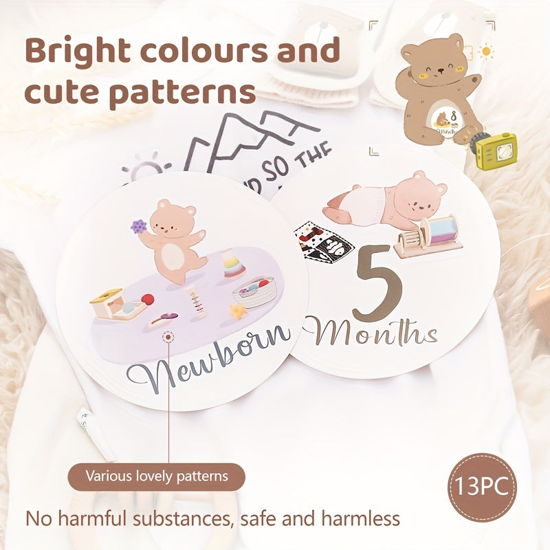 Set de 13 tarjetas de hitos para bebés para fotos mensuales y seguimiento del crecimiento con diseño adorable de oso