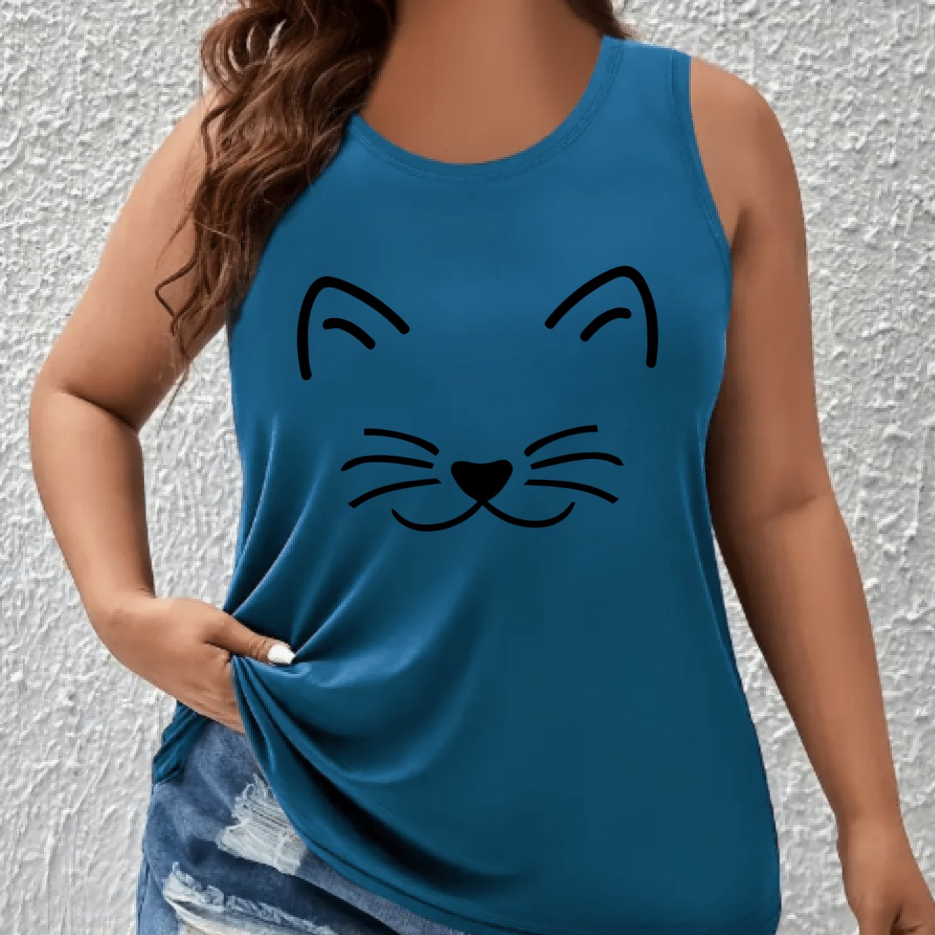 Women's Plus Size Off-Shoulder Vest Top with Cat Print Breathable Stretchy Summer Tank