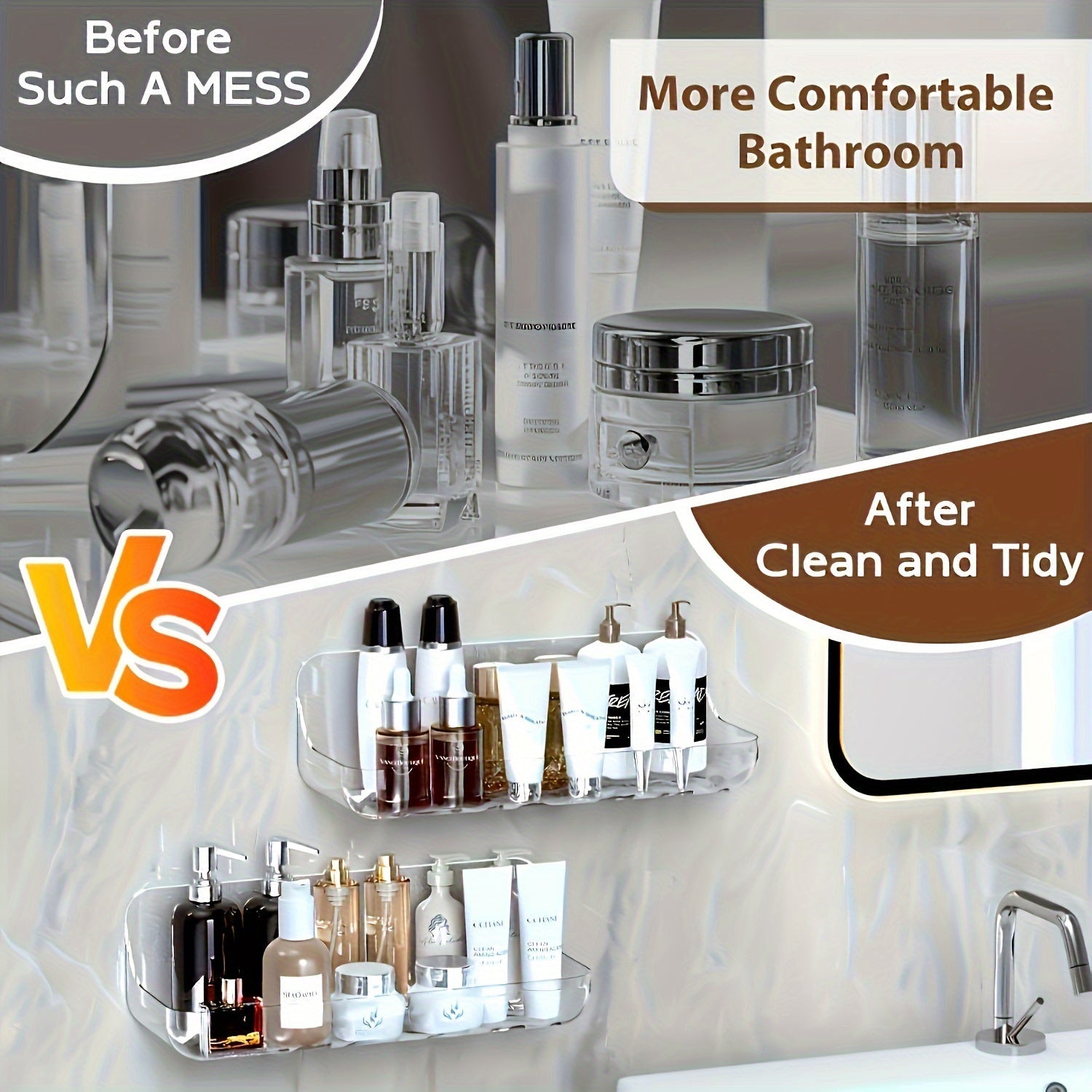 Простая в установке прозрачная душевая полка с клеевым покрытием — не требует сверления, идеально подходит для организации пространства в ванной комнате и на кухне, изготовлена из прочного пластика.