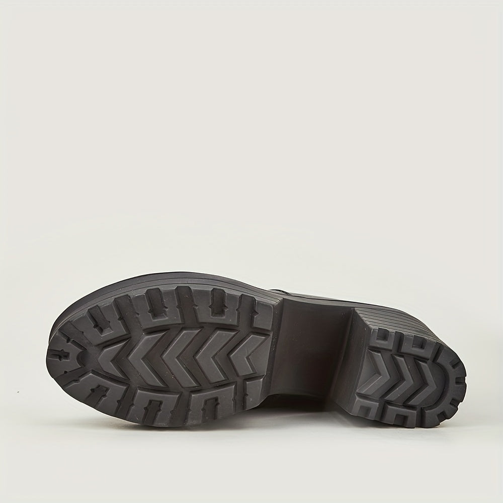 Women's Mid-Calf Leather Boots Thick-Sole High Heels Anti-Skid Autumn Winter