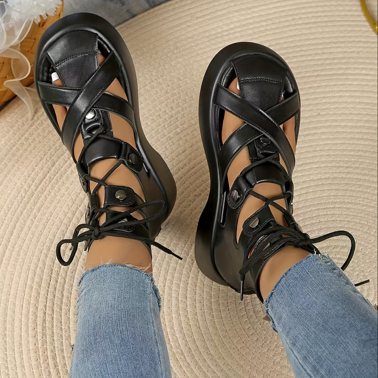 Women's Black PU Lace-Up Roman Sandals with Thick Sole and Mid-Heel