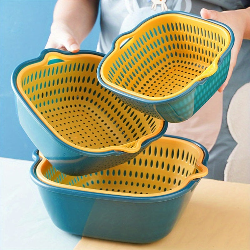Set of 6 Plastic Colanders with Double-Layer Drain Baskets for Rinsing Fruits and Vegetables