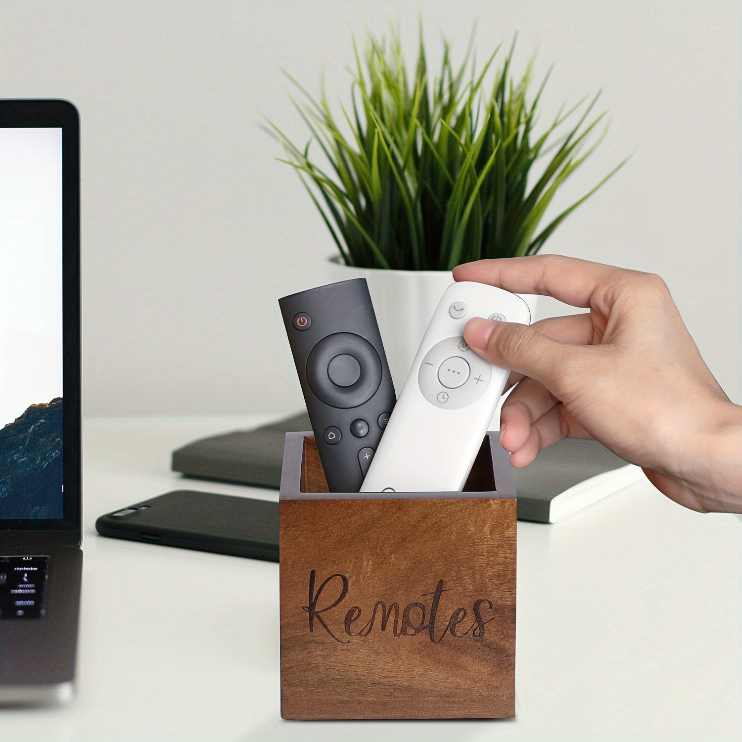 Acacia Wood Remote Control Organizer Vintage Farmhouse Desktop Holder for 2-3 Remotes