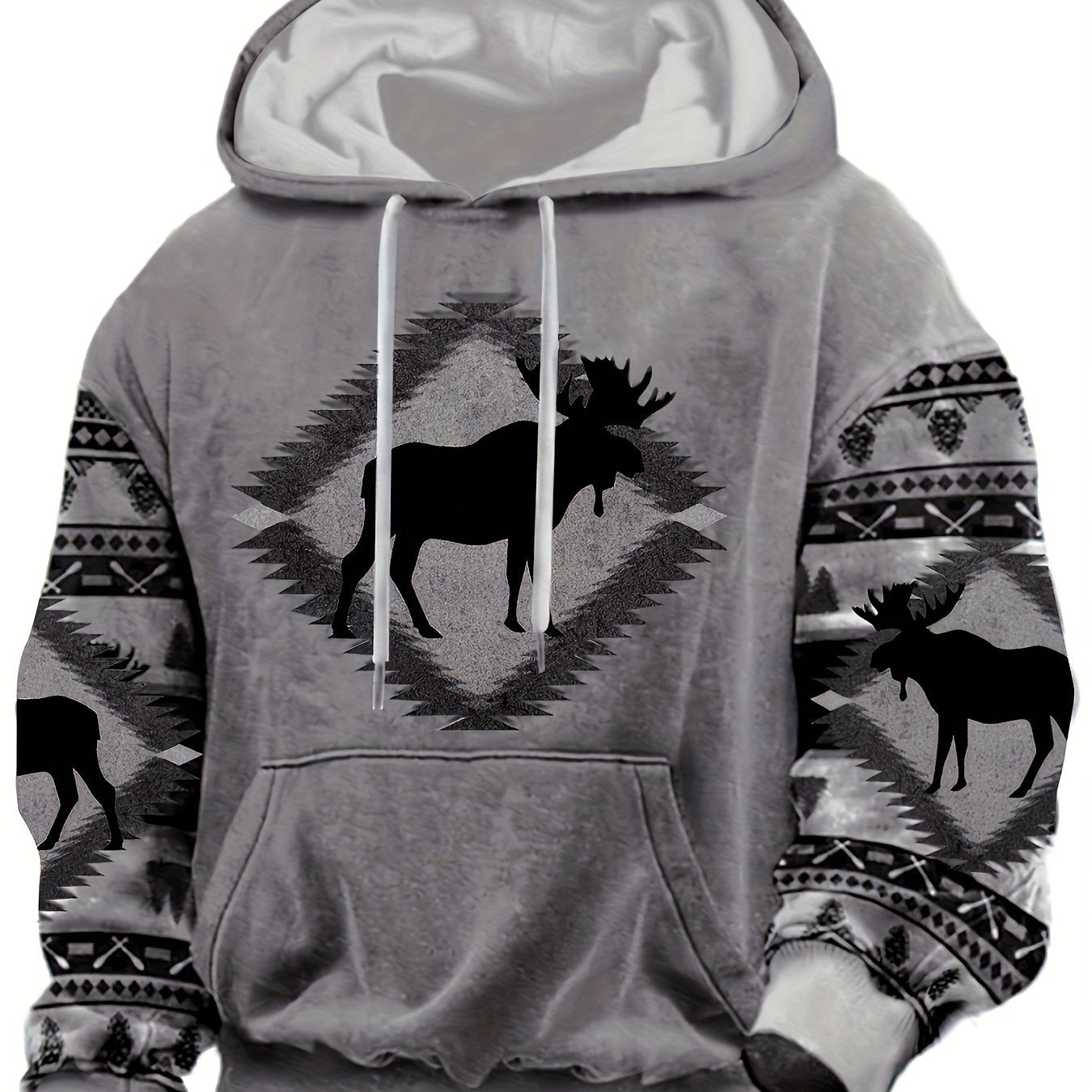 Erkaklar uchun vintage moose printli fermuarlı kapüşon, ipli bo'yin, geometrik naqshli yenglar, polyester aralashmasi, kuz va qish ko'cha kiyimlari, dam olish kiyimlari uchun mukammal, spandeks qulayligi, katta o'lcham.