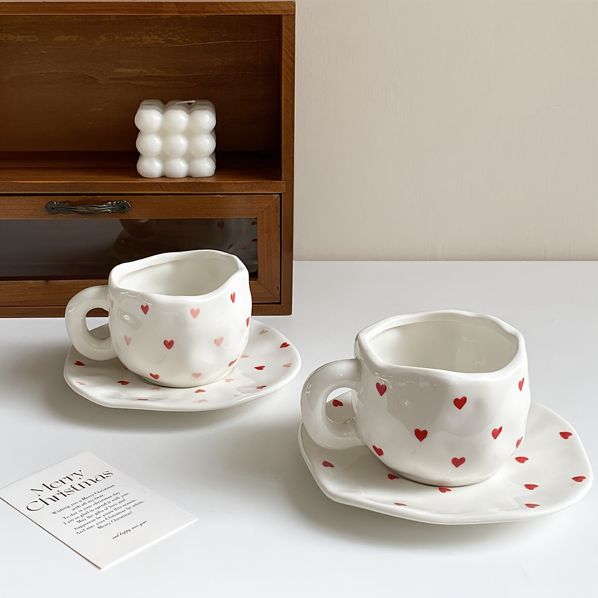 Valentine's Day Irregular Ceramic Coffee Mug and Saucer Set with Hand-Kneaded Texture