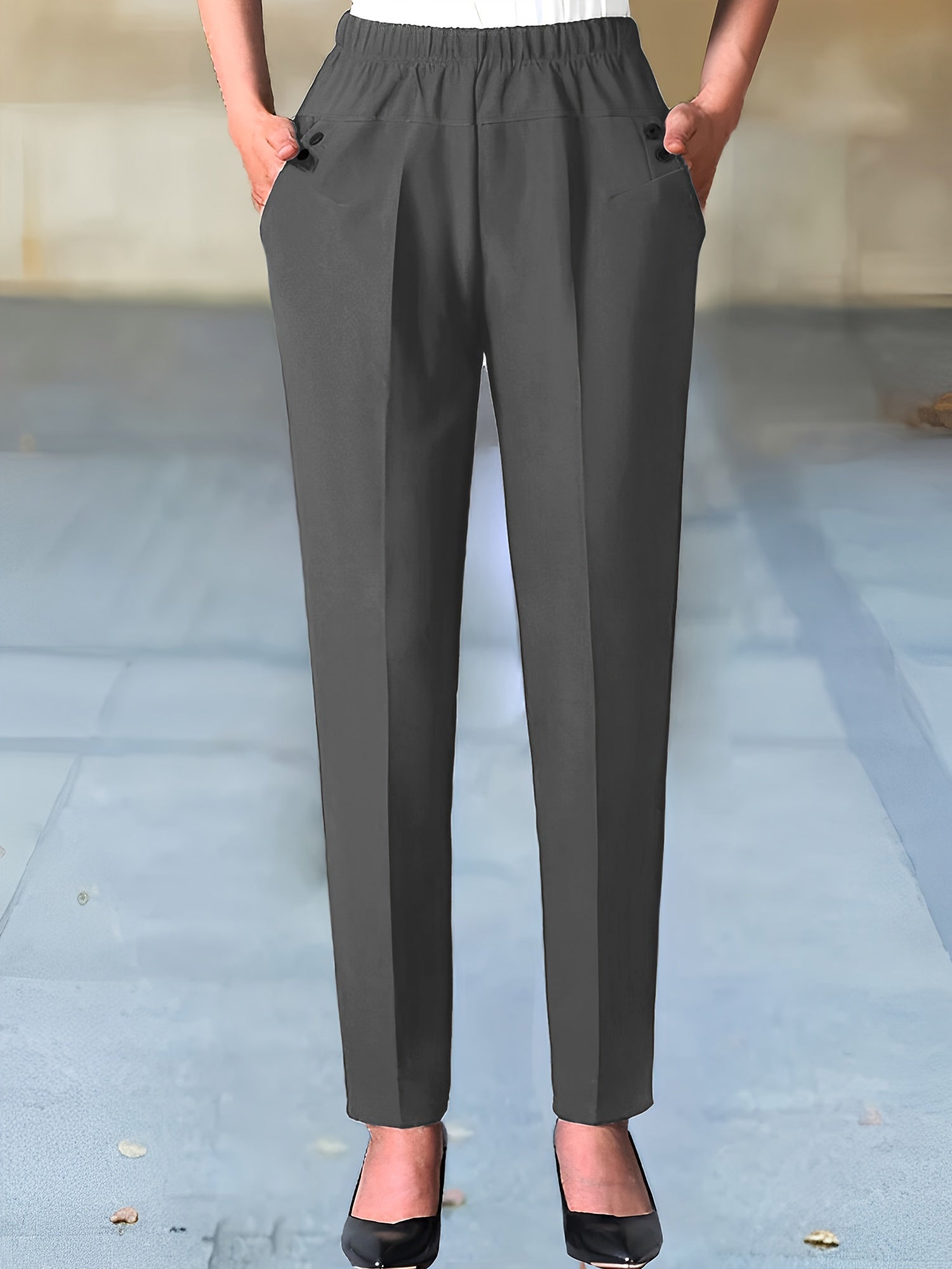 Women's Solid Color Tapered Pants with Dual Pockets Elastic Waist for Office Work