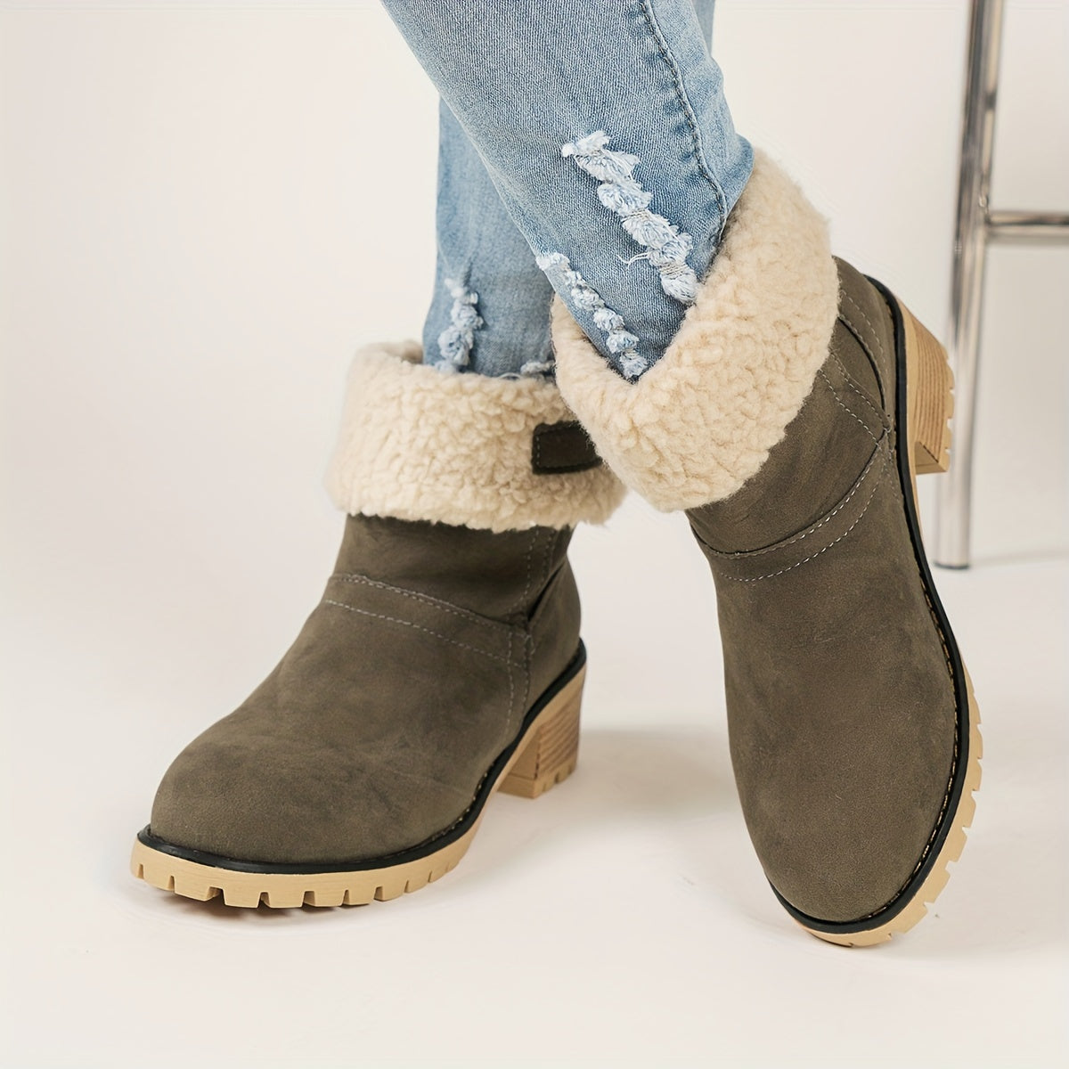 Women's Fleece-Lined Ankle Boots Winter Mid-Calf Thick Rubber Sole