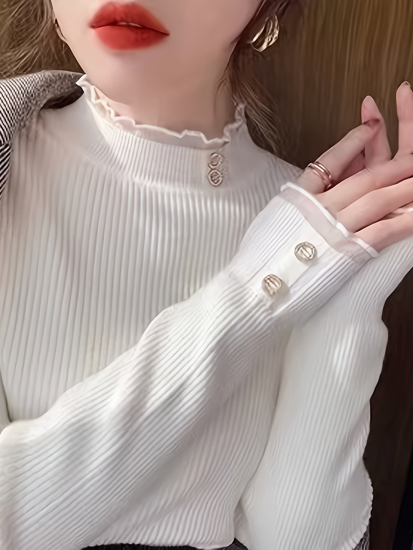 Top de punto de cuello alto para mujer con detalle de encaje en contraste, suéter ajustado de poliéster para primavera y otoño