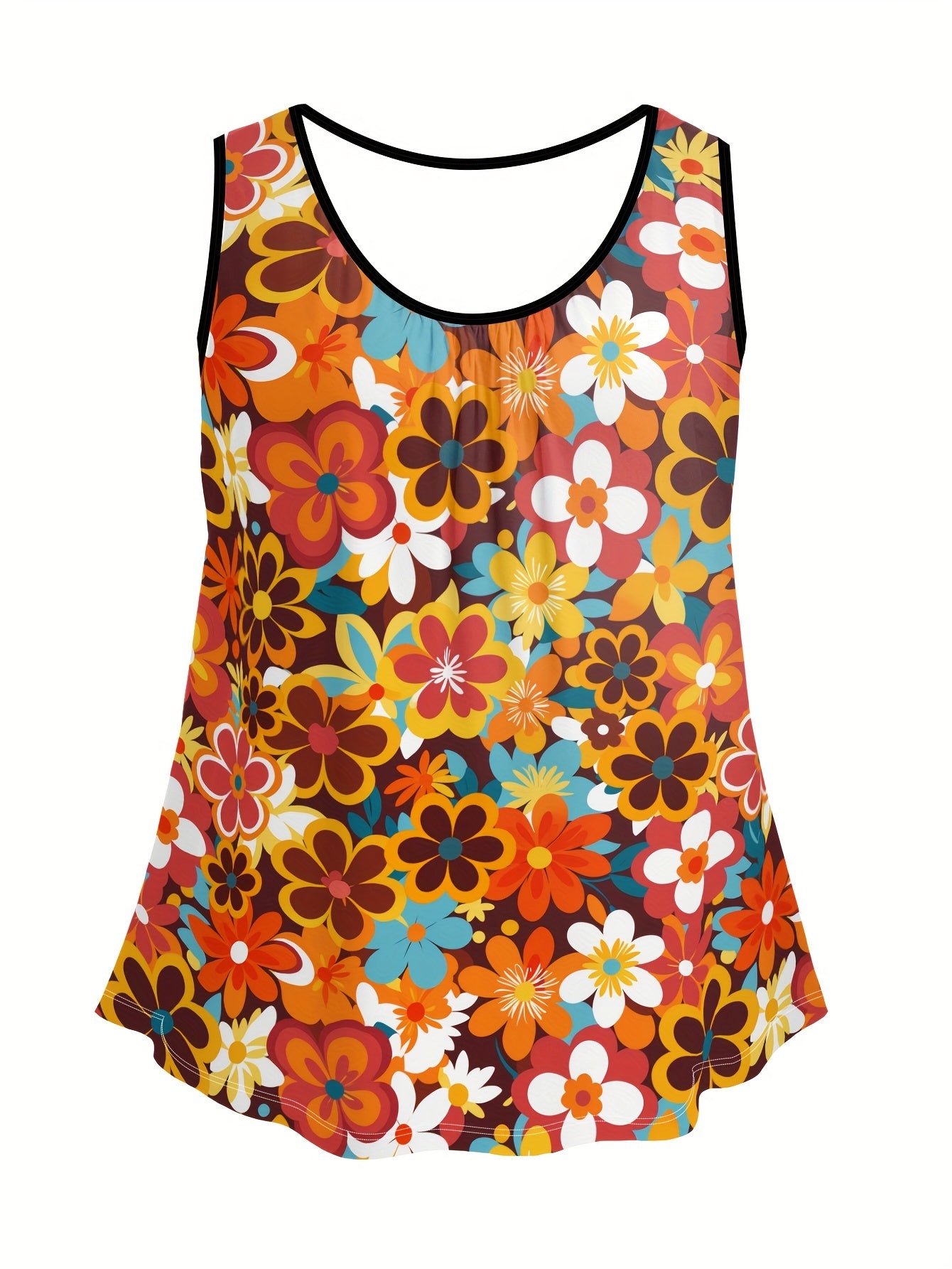 Plus Size Floral Tank Top for Women Polyester Spandex Crew Neck Sleeveless