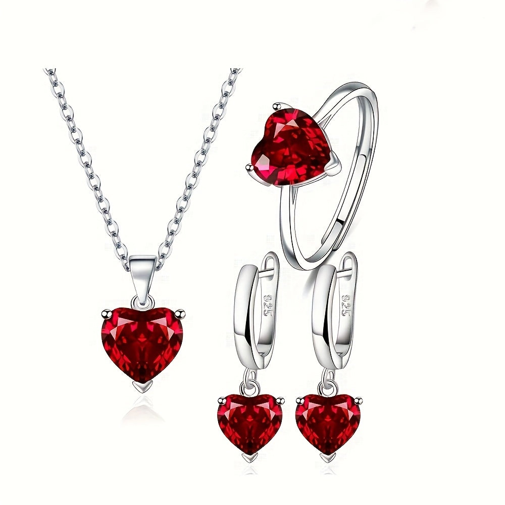 925 стерлинговое серебро Романтический набор ювелирных изделий с сердцем и цирконием - Элегантный и сексуальный подарок на годовщину или День святого Валентина с ожерельем, кольцом и серьгами