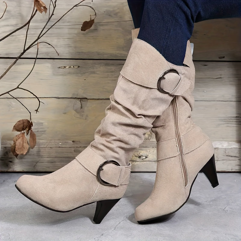 Women's Leather Knee-High Boots with Buckle Strap Side Zipper Chunky Heel