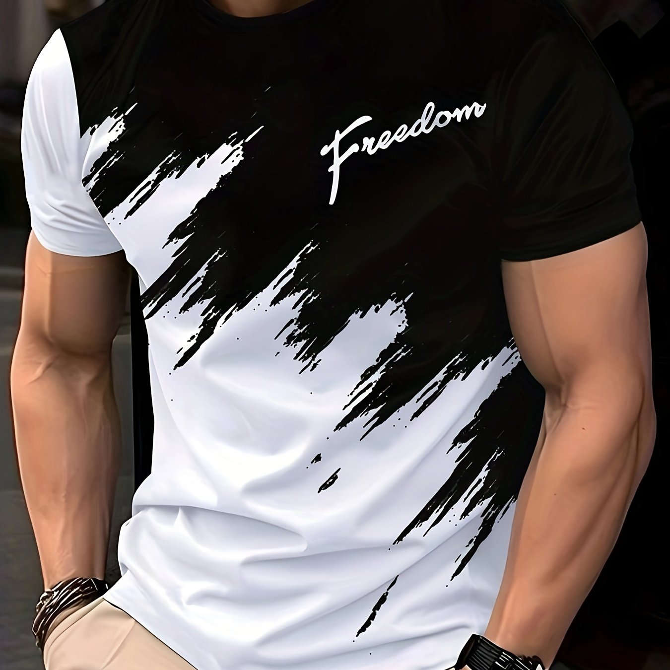 Мужская повседневная футболка с круглым вырезом и геометрическим принтом из мягкой полиэстеровой ткани