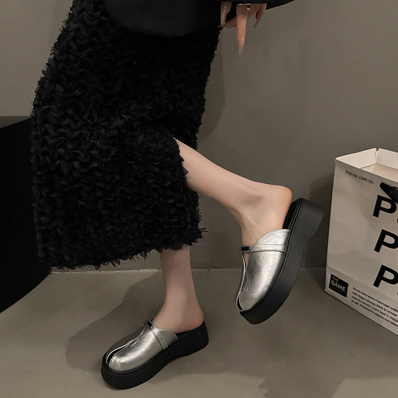 Women's Casual Mules Leather Elegant Flat Shoes Comfortable Black