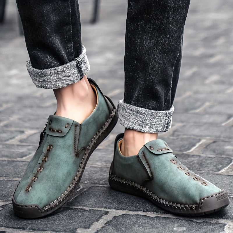 Men's Leather Zipper Loafers Slip-On Casual Shoes for Spring Summer Non-Slip Round Toe