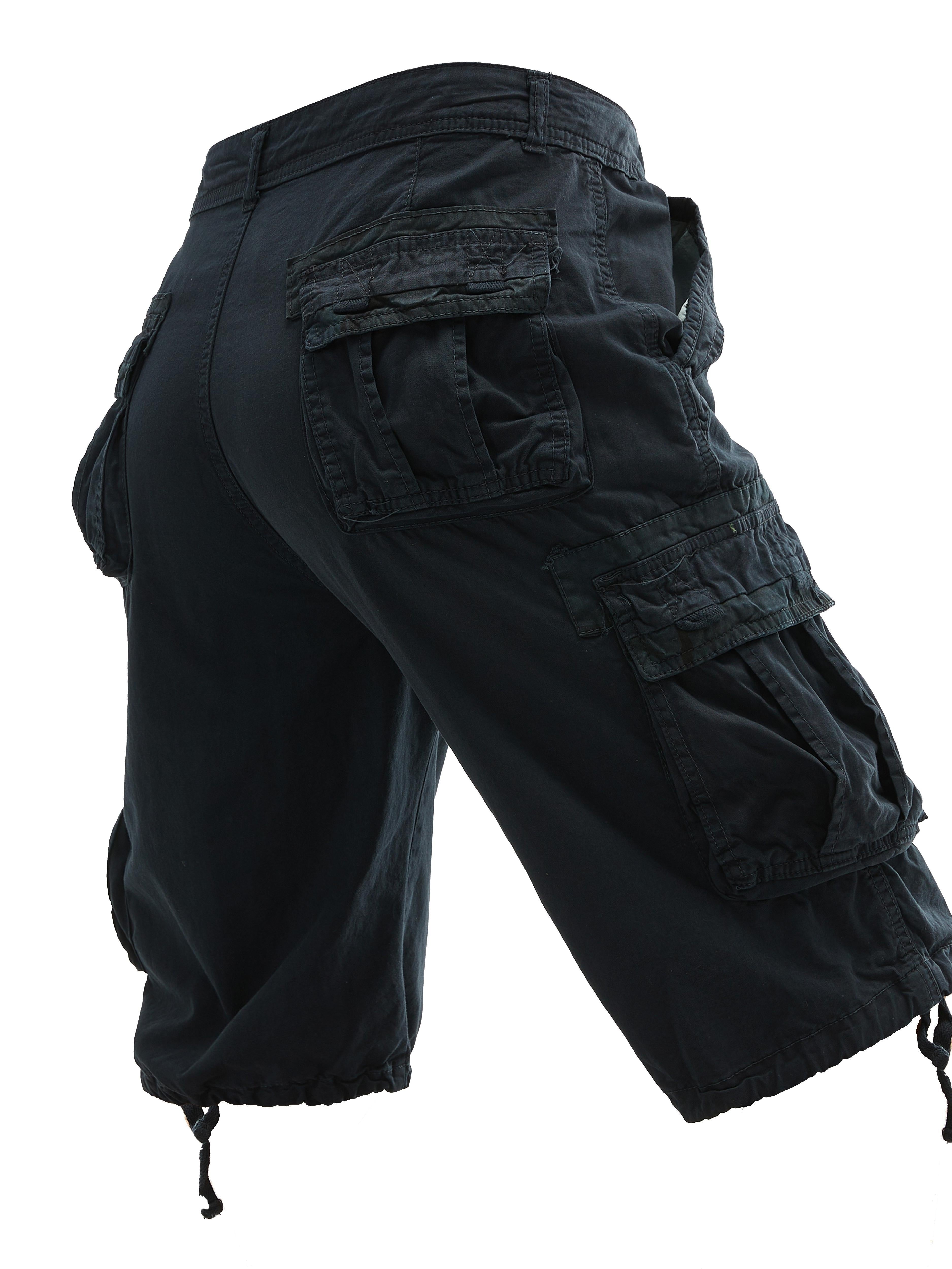 Erkaklar uchun katta o'lchamdagi paxta kargo shortlari, bir rangli ko'cha uslubida, bir nechta cho'ntaklar bilan va oddiy moslashuvda. Cho'zilmaydigan to'qilgan mato.