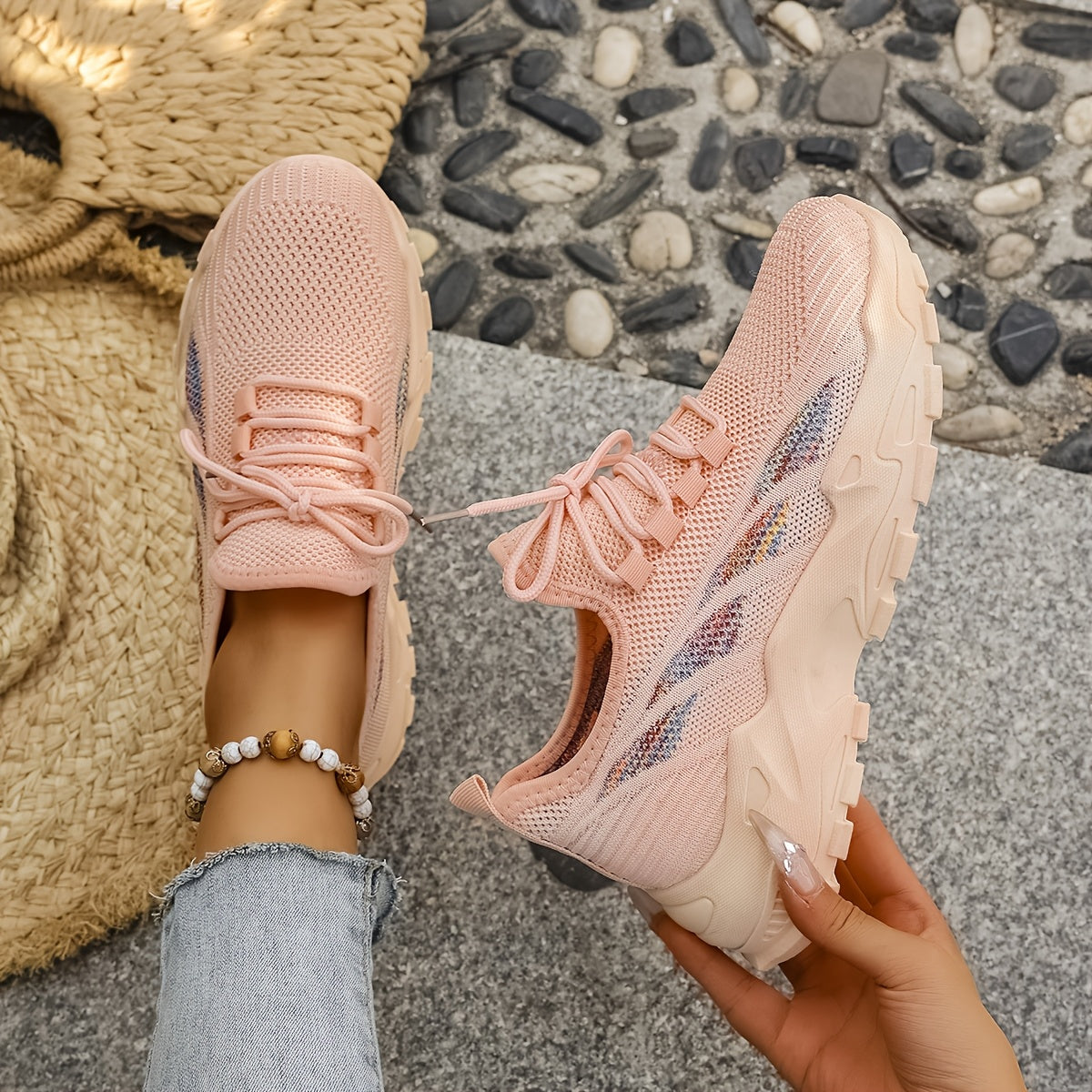Women’s Breathable Knit Sneaker Casual Low-Top Walking Shoe with Round Toe