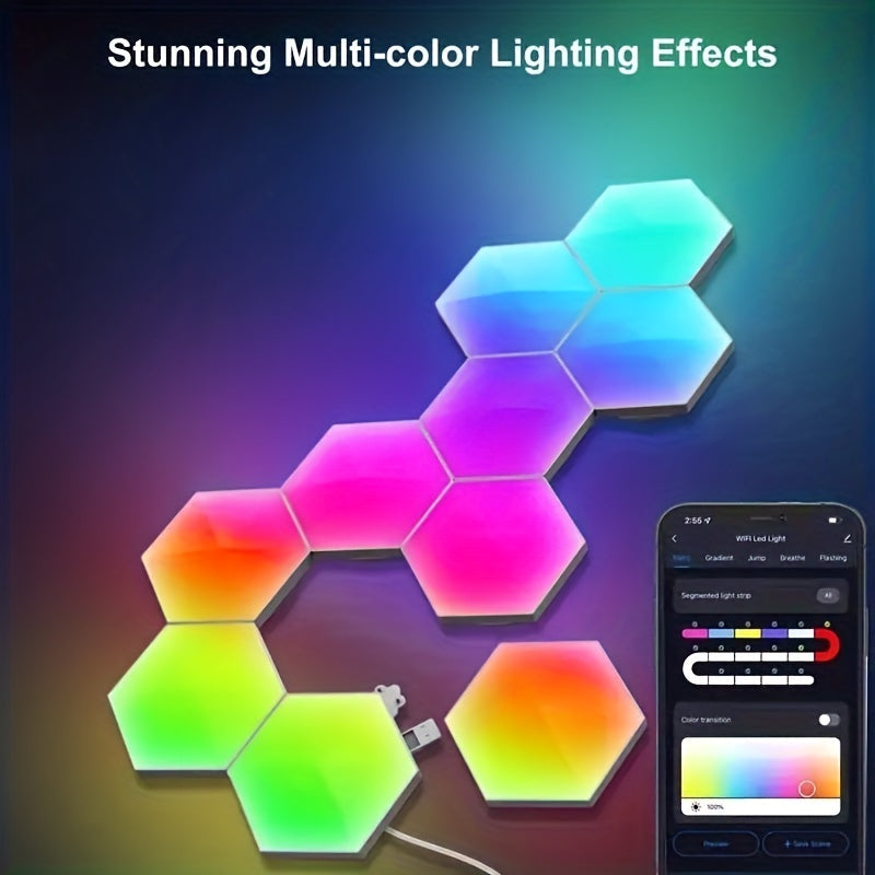 Juego de 10 luces de pared LED hexagonales con control remoto, paneles inteligentes activados por sonido