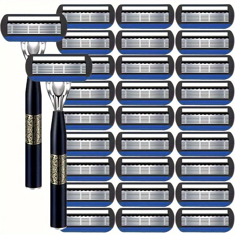 Men's 7-Layer Stainless Steel Razor Set with 12 Cartridges and Handle