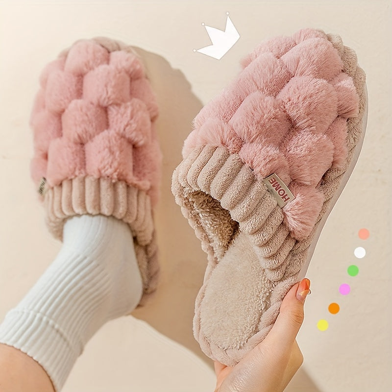 Unisex Plaid Faux Fur Slippers All-Season Indoor Non-Slip House Shoes