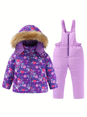 Girls' Winter Ski Snowsuit Set Hooded Jacket Suspender Pants for Outdoors
