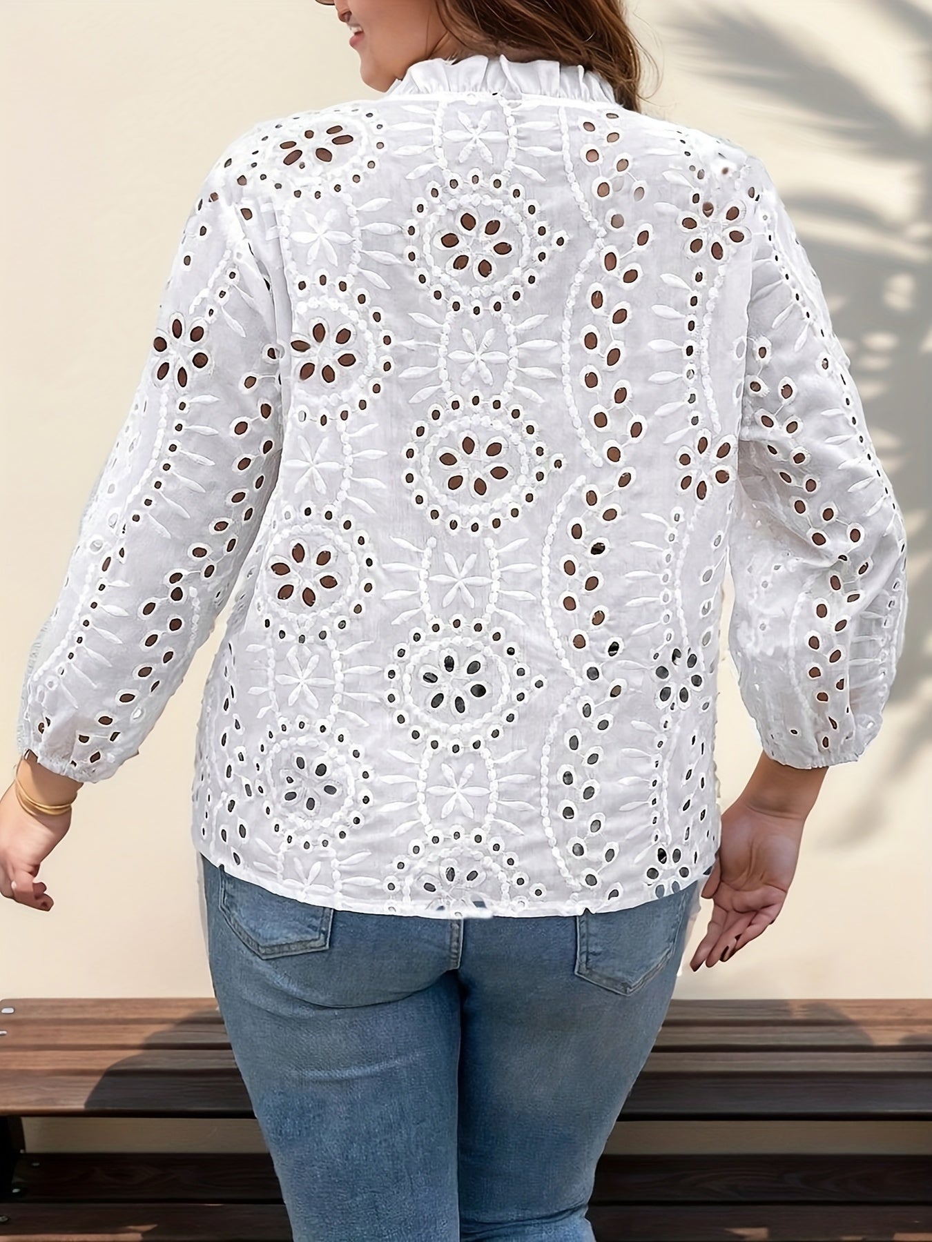 Women's V-Neck Blouse with Eyelet Detail Solid Sheer Breathable Polyester Spandex